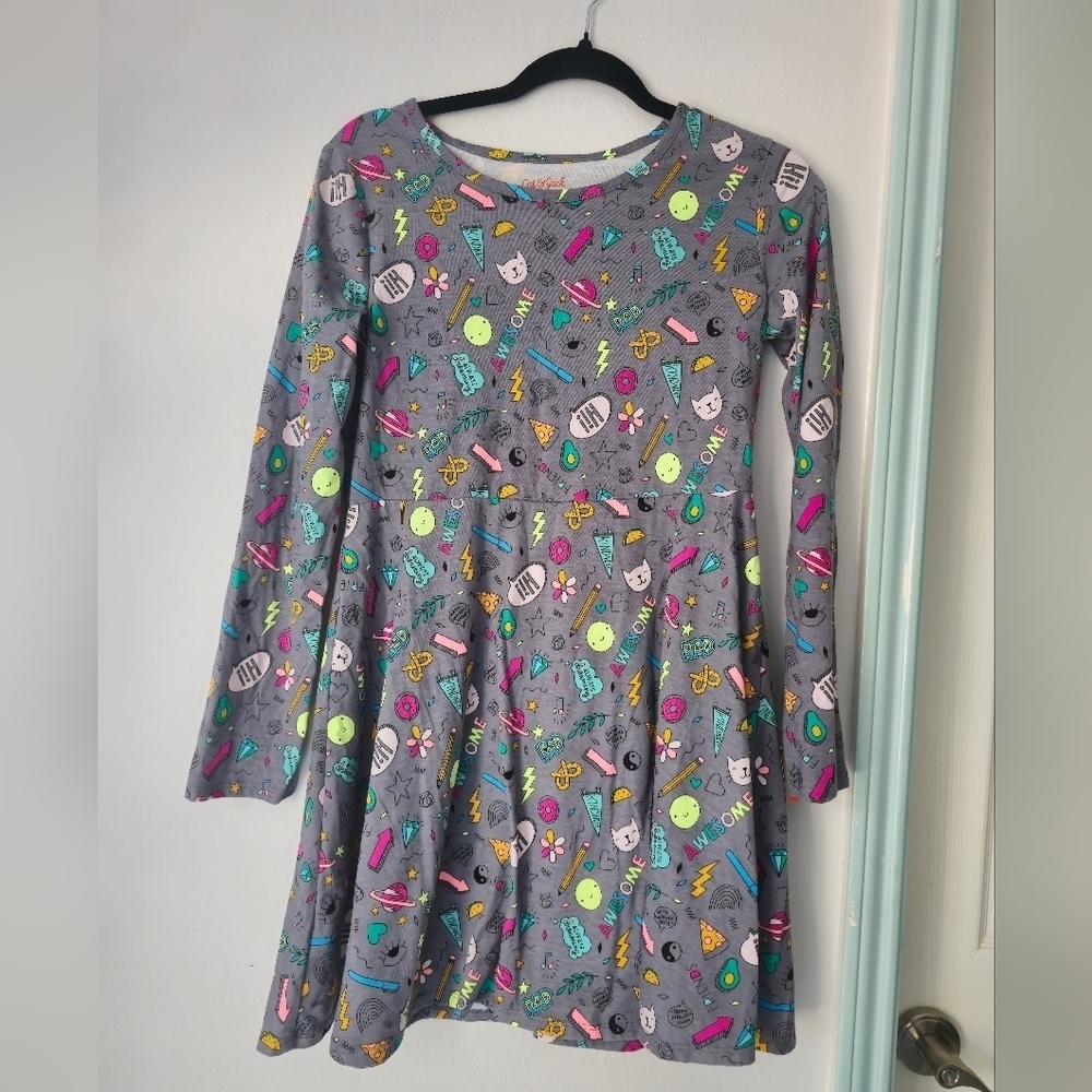 Cat And Jack Girls Skater Dress Cartoon Doodle Print Cotton Knit  XL (14/16)